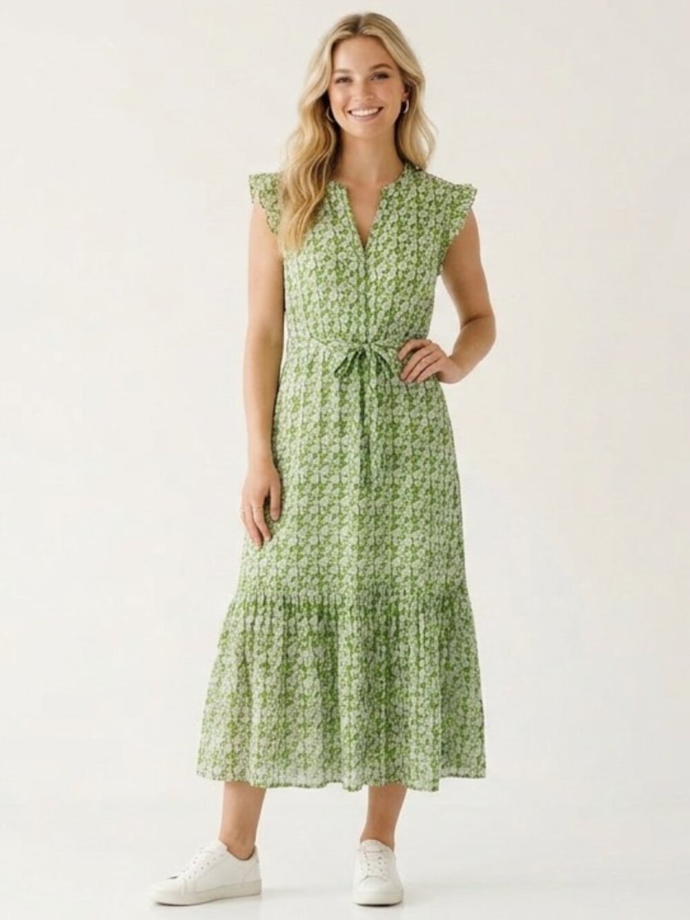 Olivia James the Label Green & White Floral Tiered Cottagecore Midi‎ Dress Sz XS